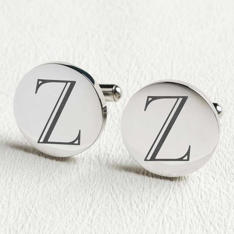 SeemDanten Mens Classic Initial Cuff links A-Z Alphabet 26 Letters Stainless Steel Silver CuffLinks with Engraved Walnut Wood Gift Box Business Wedding Set - Image 3